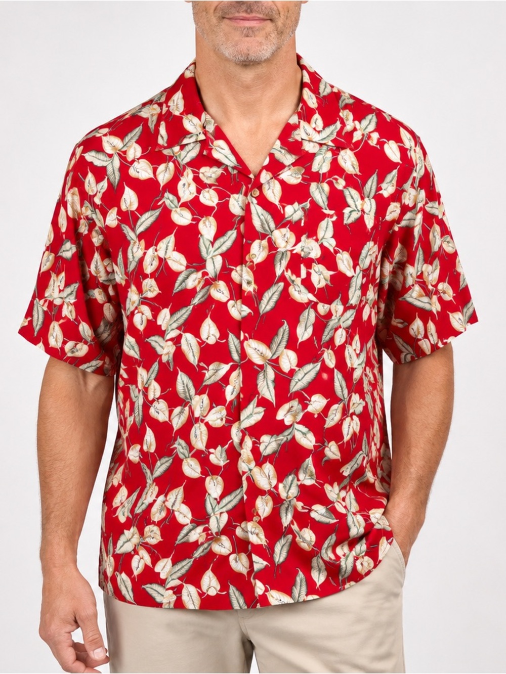 Paradise Found Hawaii Mini Anthurium Leaf Red Hawaiian Shirt Men's Size Large